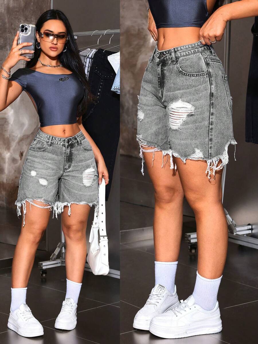 SHEIN ICON 女士休闲做旧毛边牛仔短裤,带口袋 - 淺灰色 - 查看 1