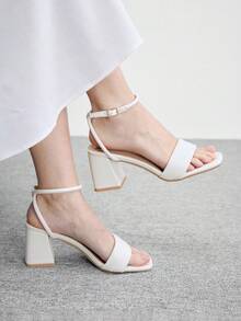 CUCCOO BIZCHIC 女鞋粗跟方頭白色百搭高跟涼鞋夏季鞋 - 白色 - 查看 1