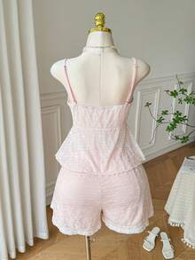 SHEIN EZwear 大码女装两件套撞色蕾丝吊带背心和短裤 - 淺粉色 - 查看 2