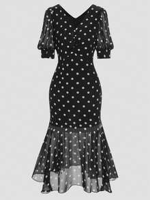 SHEIN Clasi Vestido de manga media con dobladillo de cola de pez a lunares negros y blancos talla grande para mujer - Negro - Ver 1