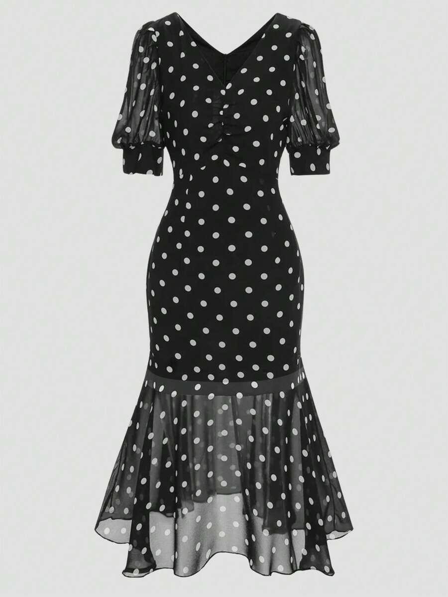 SHEIN Clasi Vestido de manga media con dobladillo de cola de pez a lunares negros y blancos talla grande para mujer - Negro - Ver 1
