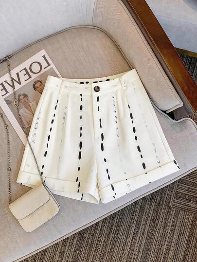 GlowEve Women's Elegant Casual Vacation Design Faux Linen Polka Dot & Striped Cuffed A-Line Shorts, Apricot Background, Spring/Summer