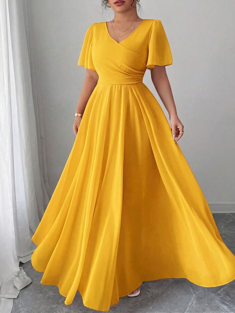 Elenzga Plus Size Women's V-Neck A-Line Chiffon Dress With Ruffle Sleeves, Simple Elegant And Romantic - Orange - View 1