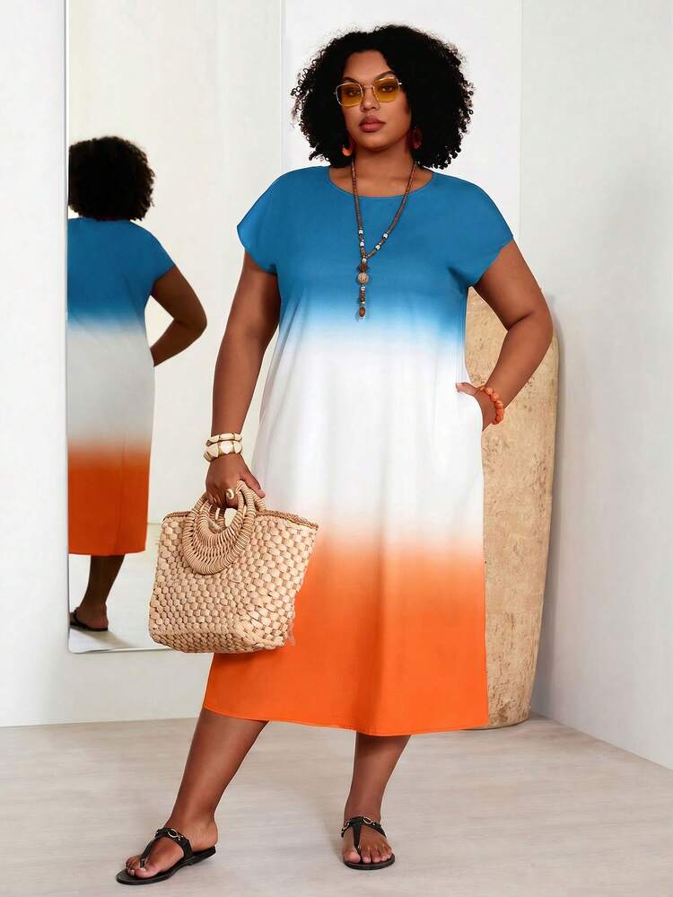 Plus Size Women's Short Sleeve Color Block Round Neck Gradation Print Beach Dress With Pocket