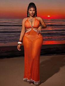 Maweii Sexy Backless Hollow See-Through Beach Gym Vacation Spaghetti Strap Dress With Pearl Trim For Women Brown Summer - Coral Orange - View 5