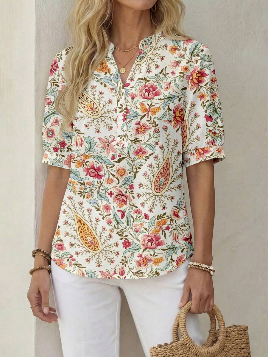 EMERY ROSE Áo sơ mi nữ tay ngắn, cài cúc nửa thân, họa tiết hoa, thích hợp cho kỳ nghỉ. - Nhiều màu - Xem 1