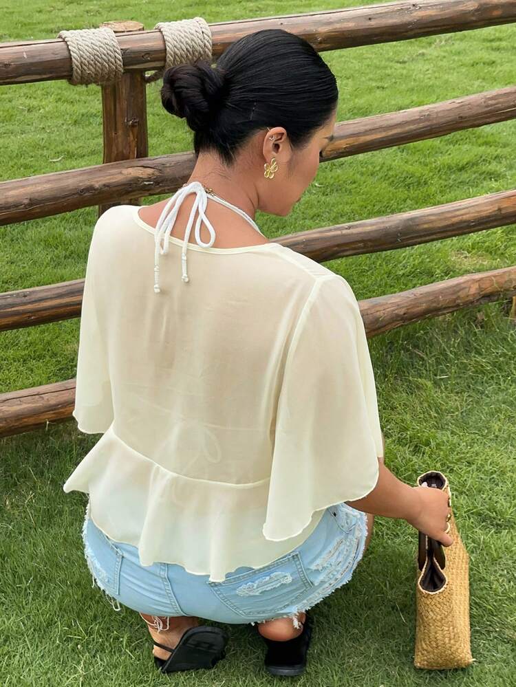 Dazy Plus Plus Size Women Chiffon V-Neck Flare Sleeve Beach Cover Up, Spring/Summer