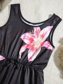 Sparklyn Sleeveless Black Floral Jumpsuit,Summer Boho Vacation Holiday Outfit For Girls,Round Neck Waist Design Loose Shorts Cut Casual Chic Youthful Vibe - Black - View 5