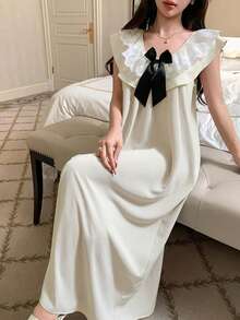 DAZY Romantic Contrast Color Bow Layered Ruffle Collar Sleeveless Long Women Nightgown - White - View 3