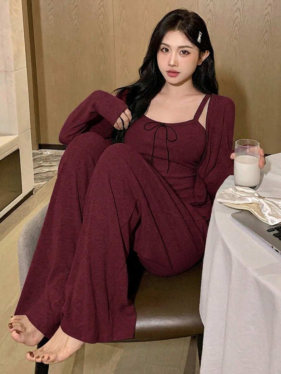 DAZY 三件套:荷叶边装饰系领吊带背心、短款开衫和直筒睡裤家居服套装 - 酒紅色 - 查看 1