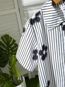 2pcs/Set Girls Bowknot Striped Print Outfit, Shirt Tee And Shorts, Suitable For Commuting And Daily Wear - Black and White - View 3