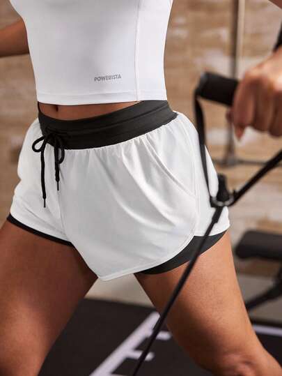 Powerista Pantalones cortos casuales y versátiles para uso diario y deportivo con cintura con cordón y bloques de color para mujer