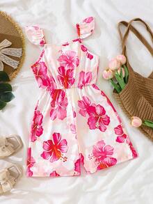 Older Tween Girls'white Floral Summer Boho Vacation Holiday Romper,Tropical Rainforest Fuchsia Print,Sleeveless Ruffle,Bowknot V-Back,Soft Casual - Multicolor - View 3