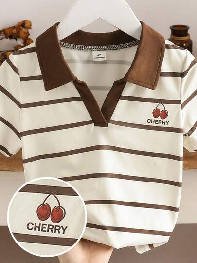 Young Girls' Summer Striped & Cherry Pattern Simple Lapel Collar Short Sleeve Regular Fit T-Shirt, Perfect For School Activities, Outings, Sports And Other Summer Tops Casual Occasions.