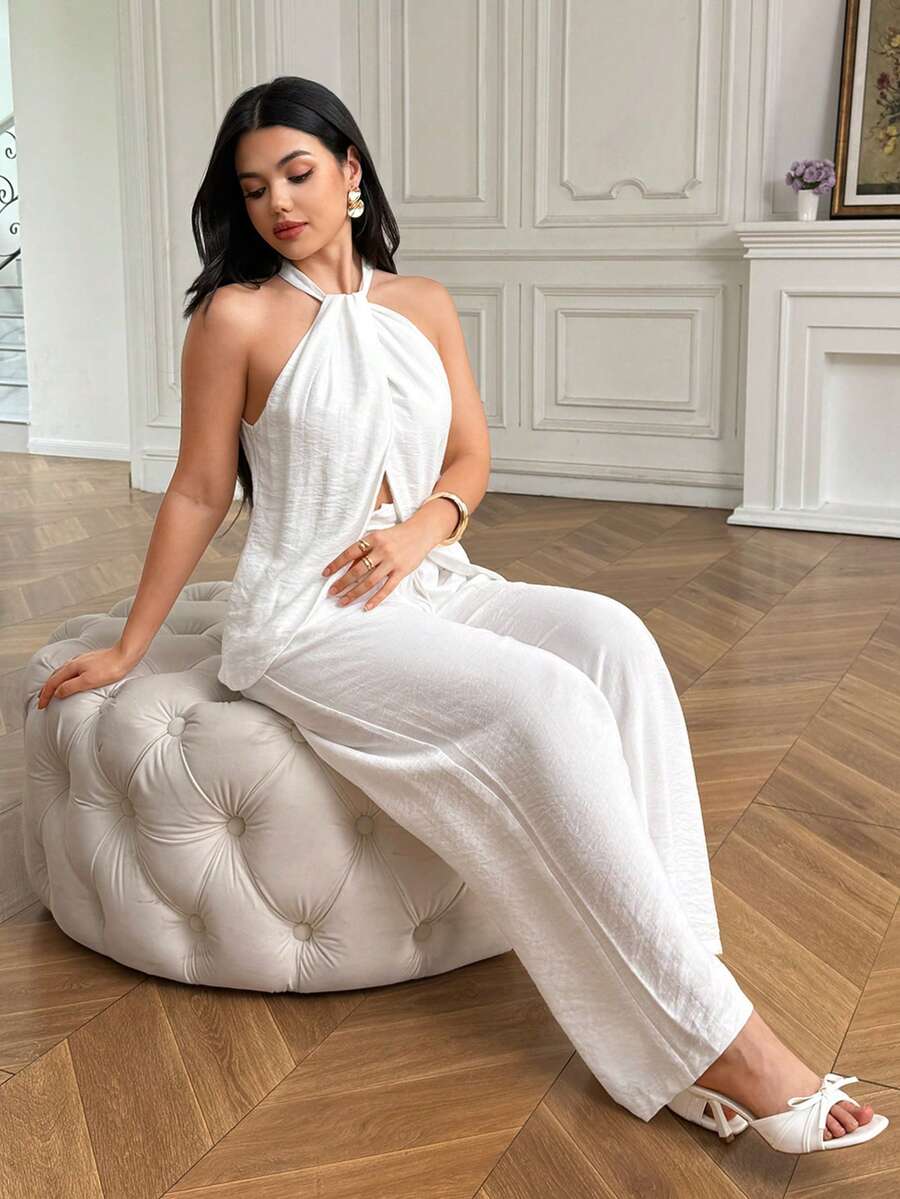 Bộ 2 món gồm áo yếm không tay và quần ống rộng, thích hợp cho đi biển/nghỉ mát, mùa hè. - trắng - Xem 1