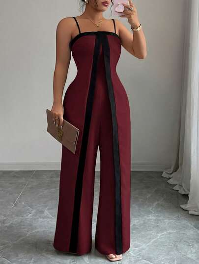 Elenzga Macacão casual plus size com cores contrastantes e calça comprida reta para mulheres.