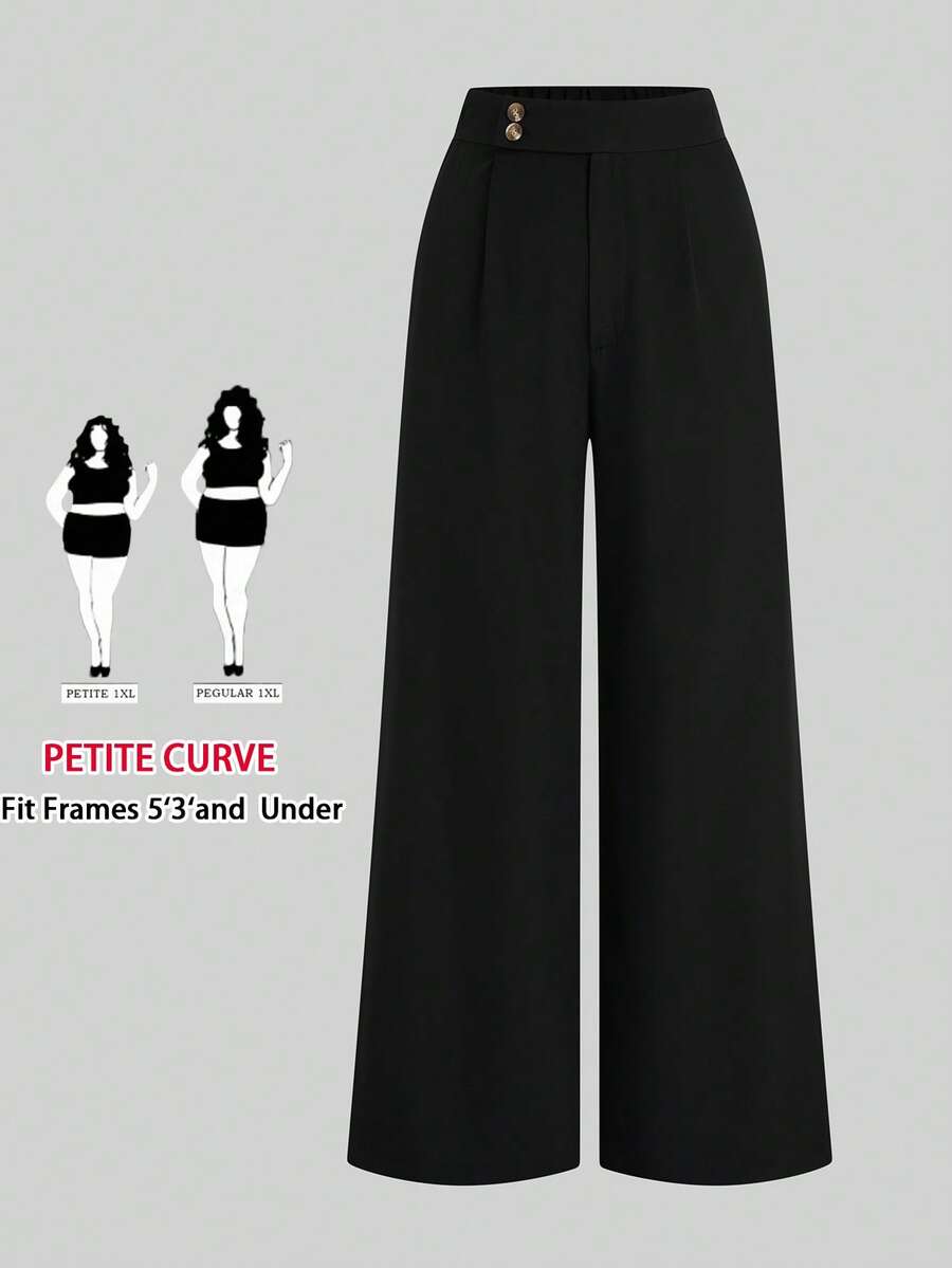 SHEIN PETITE CURVE 大尺碼女款純色高腰百褶寬腿褲 優雅商務休閒正式款 秋季寬鬆大廓形褲 夏季健身適用 - 黑色 - 查看 1