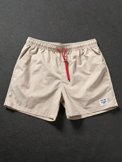 Manfinity Homme Men's Casual Elastic Waist Red Drawstring Shorts With Branded Design, Suitable For Daily Wear, Travel, Beach, And Vacation. This Shorts Is A Must-Have Item For Vacation Travel, And A Great Gift For Boyfriend Or Husband.Men Old Money,Daily Leisure, Weekend Trips, Outdoor Activities, Travel Expeditions, Relaxed Work Environments Or Semi-Formal Occasions, Boyfriend/Husband Gift, Anniversary /Birthday Gift Party Summer Vacation Holiday,Wedding,Spring To Summer,Easter,Y2k,Vintage,Festival,Mens Beige Beach Shorts With Red Drawstring Casual Summer Swim Trunks,Swim Trunks For Men,Quick Dry Shorts,Swim Wear For Men,Board Shorts For Men,Men's Swim Shorts