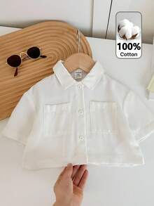 SHEIN Baby Girl Solid Color Short Sleeve Single-Breasted Pocket Shirt - White - View 8