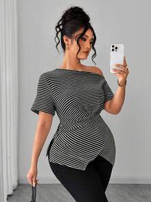 Elenzga Áo thun nữ cỡ lớn kẻ sọc thiết kế bất đối xứng nhún bèo giúp thon gọn vóc dáng, phù hợp mặc hàng ngày, hẹn hò, đi làm/đi làm, đi nghỉ mát/dã ngoại. - Đen và trắng - Xem 5