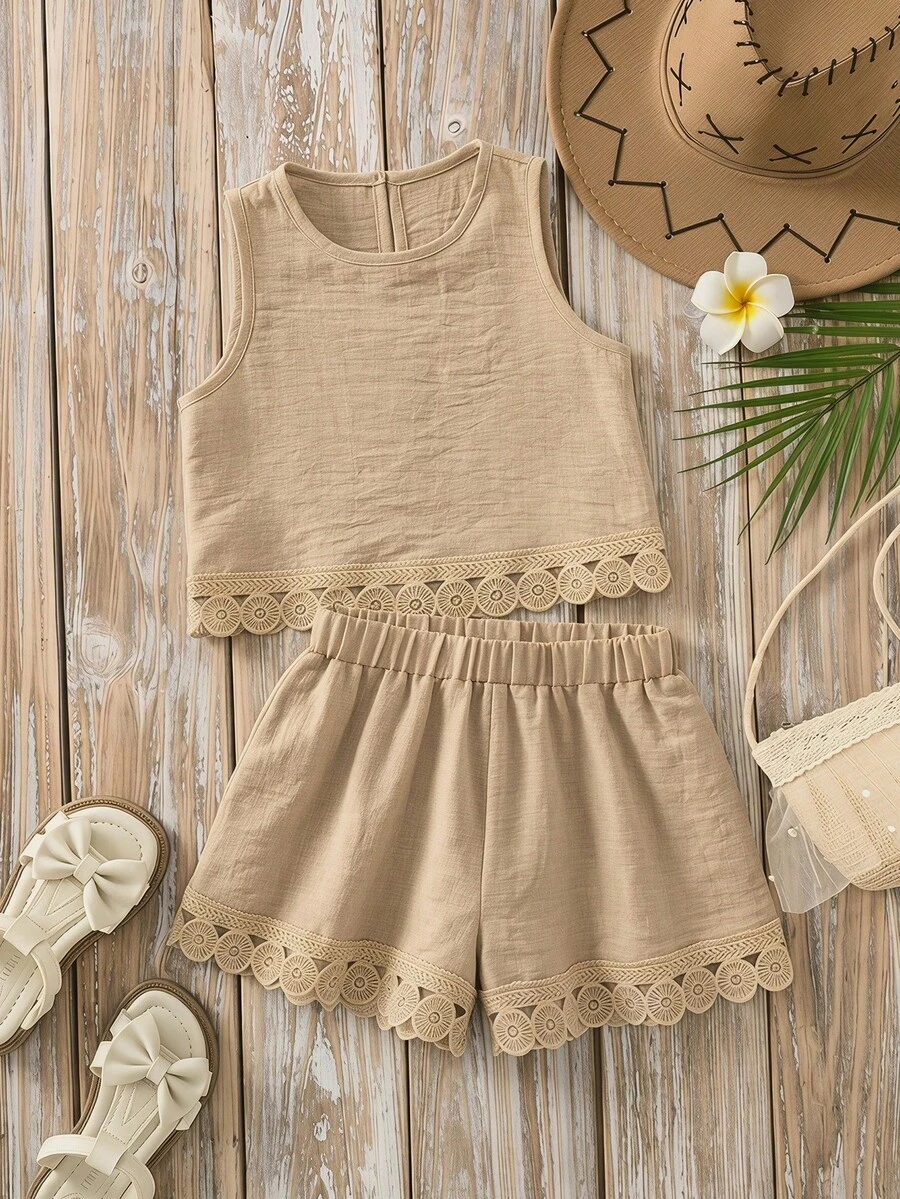 SHEIN Conjunto de top casual sin mangas con cuello redondo y volantes de unicolor para niñas, verano - Albaricoque - Ver 1