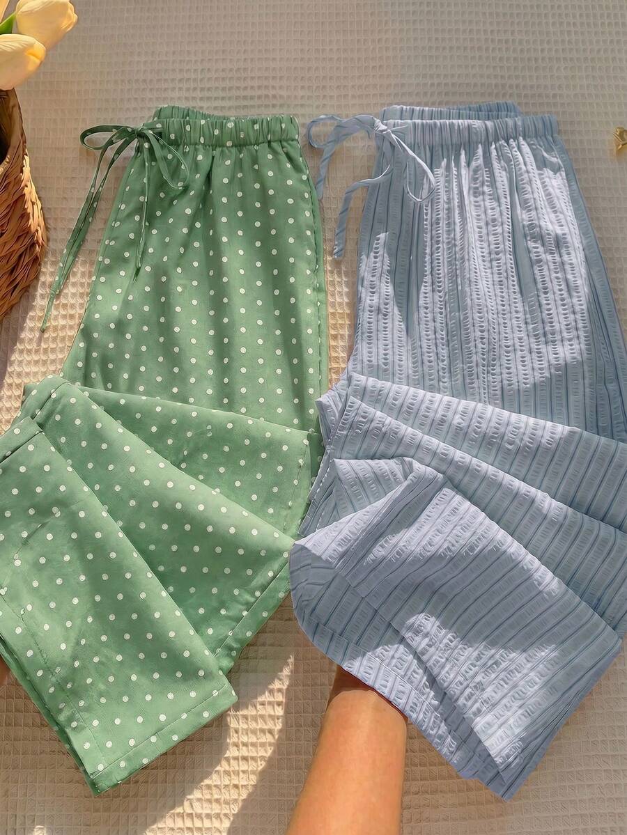 Comfortcana 2条波点条纹梭织阔腿裤，系带腰带，夏季女装，春夏款 - 彩色 - 查看 1