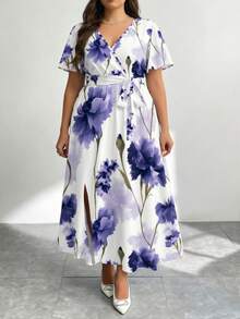 Modelyn Casual Minimalist Retro Floral Pattern Loose Plus Size Dress, Suitable For Autumn/Winter - Multicolor - View 4