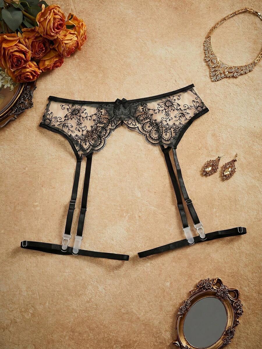 PinupPomp Women's Floral Embroidered Mesh Bow Decor Lingerie Accessories Garter Belt Lingerie Set Lace Garter Belt Lace Panty Set - Black - View 1