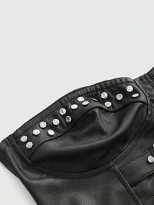 ROMWE Grunge Punk Punk Metal Rivet Button PU Tight Top, Summer Music Festival Outfit - Black - View 3