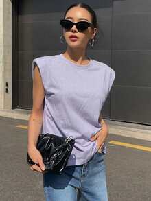 DAZY Summer Casual Solid Color Wide Strap Padded Shoulder T-Shirt Y2K - Purple - View 3