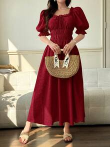 Feyla Women's Solid Color Square Neck Ruched Bust Elegant Mid-Length Dress - Burgundy - View 5