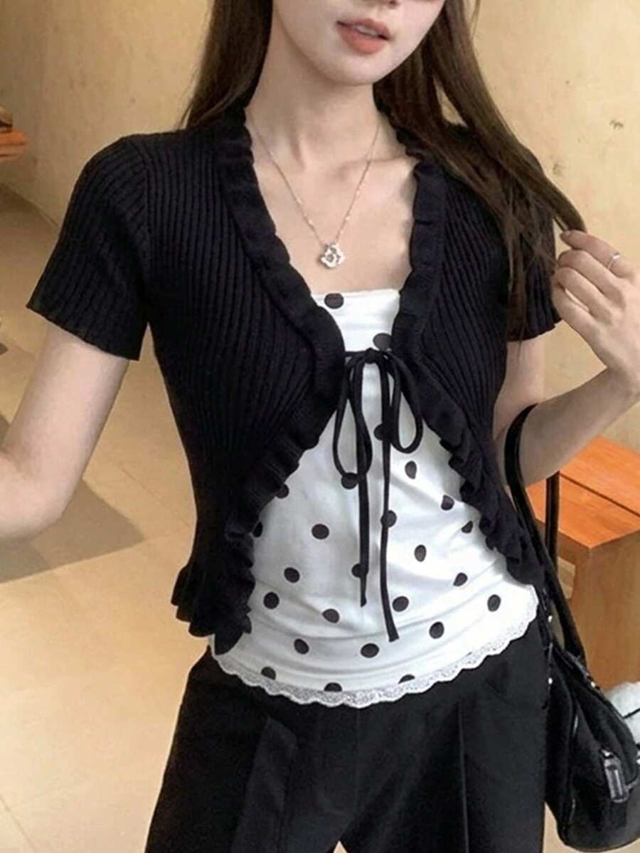 Tideelle 黑色韩版极简系带针织开衫，夏季修身罗纹短袖露脐性感上衣 - 黑色 - 查看 1