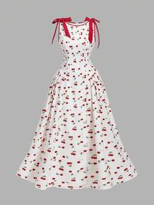 Vestido casual caqui con cuello redondo, sin mangas, con ribete de contraste, decoración de lazo en la cintura y bajo acampanado - Rojo y blanco - Ver 2