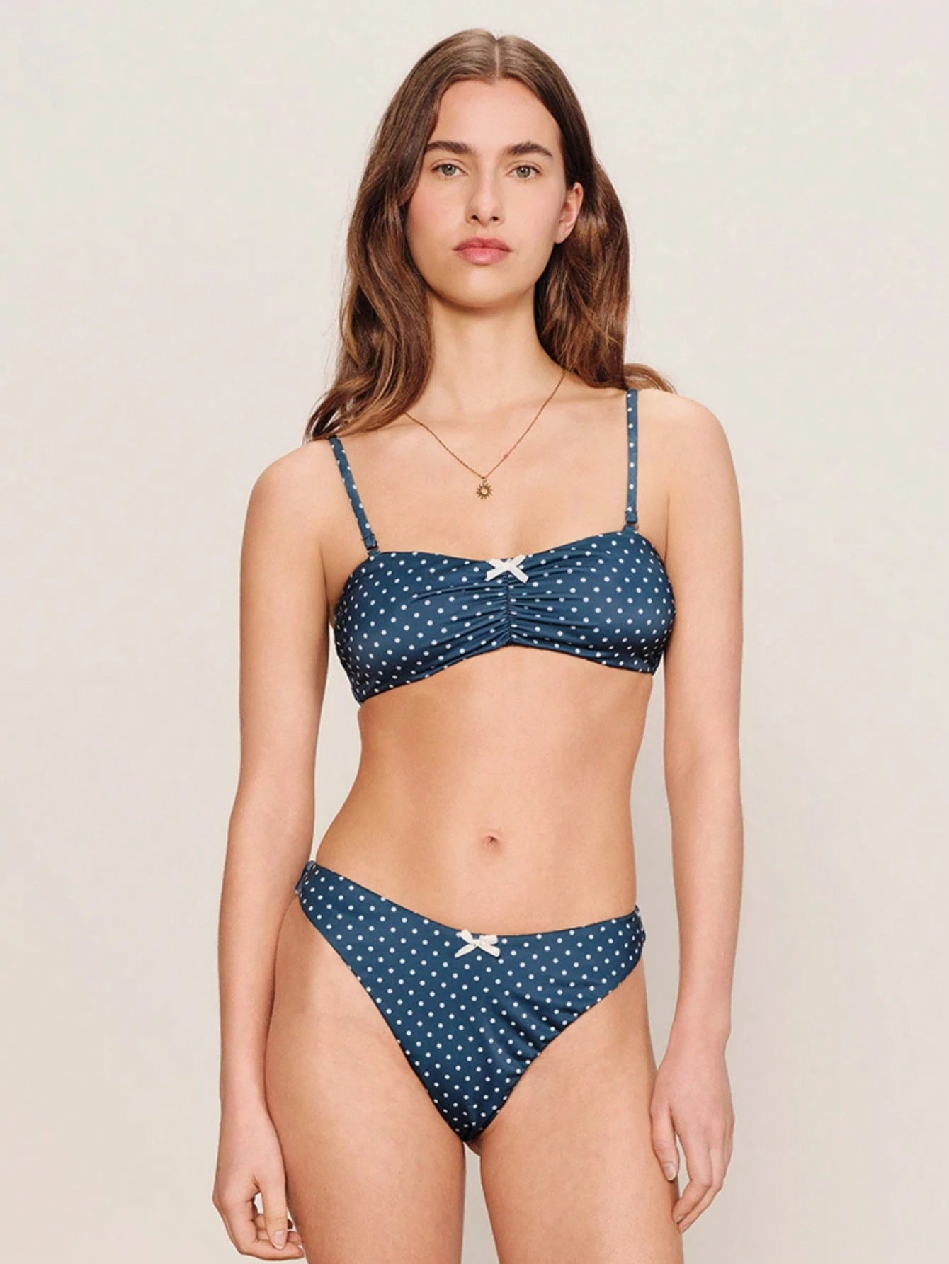 Navy Blue Polka Dot Print Bandeau Bikini Top With Ruched Bust, Bow Detail And Matching Bikini Bottom Swimwear 2 Pieces Set Polka Dot Bikini Women's Swimwear