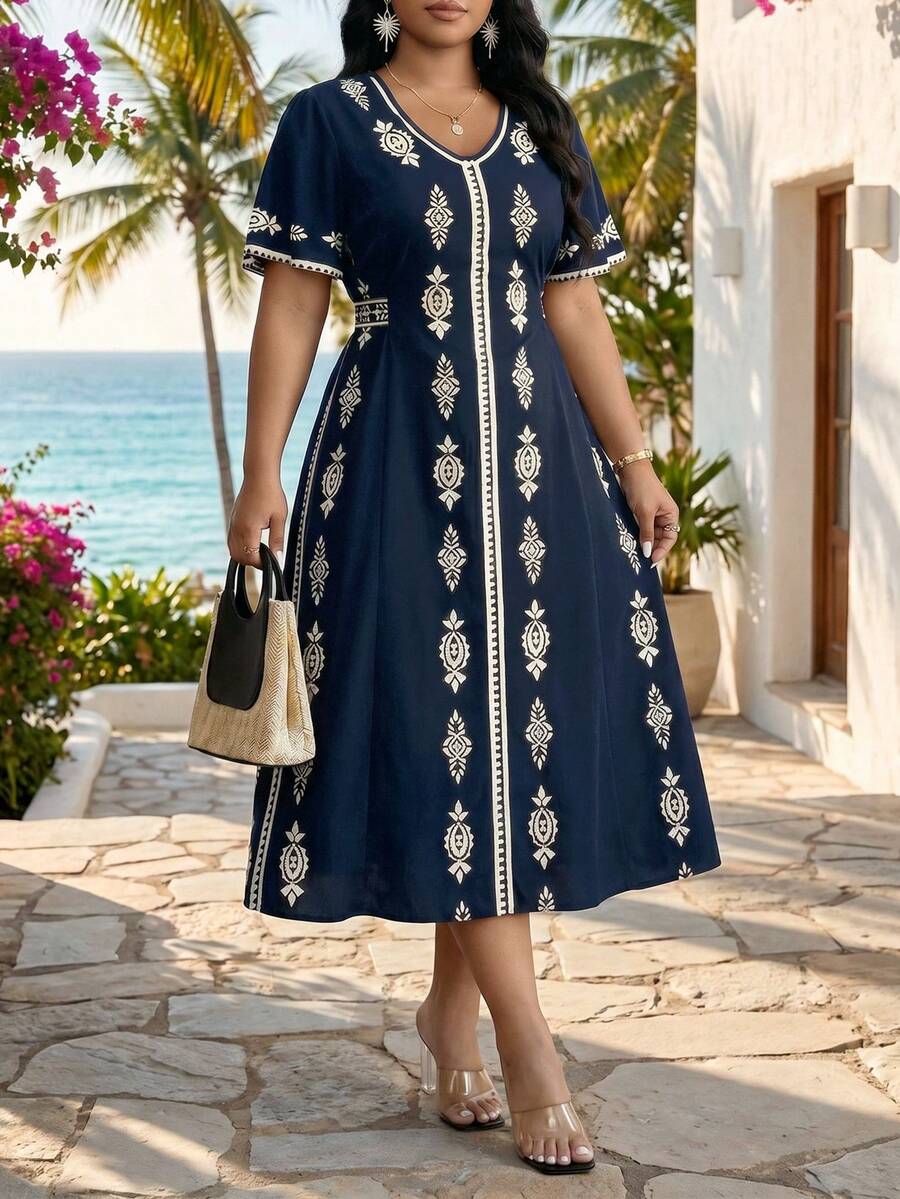 SHEIN Lady Đầm dự tiệc cỡ lớn in họa tiết cổ điển, thắt eo, kiểu dáng thường ngày, thích hợp cho kỳ nghỉ. - Nhiều màu - Xem 1