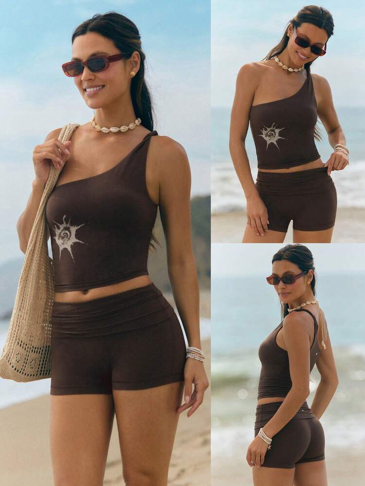FeatherFit™ SeaMuse One-Shoulder Knotted Strap Seashell Print Asymmetrical Tank With Removable Cups Yoga Pilates Studio Summer Daily Wear