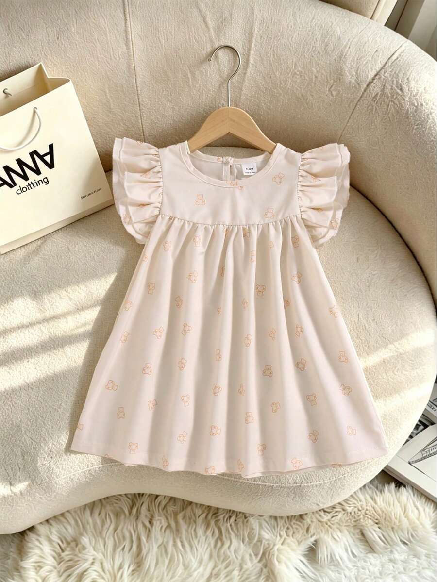 SHEIN 法国新款女婴幼儿/新生儿0-3岁春夏浅米色休闲百搭可爱甜美趣味小熊印花短袖连衣裙,适合外出穿着 - 米色 - 查看 1