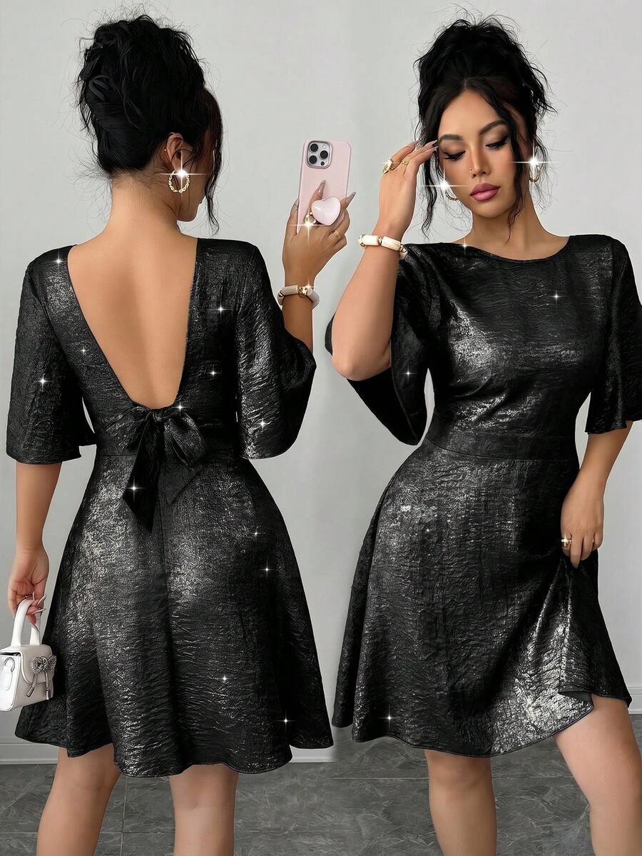 SHEIN Raffinéa Women's Elegant Delicate Backless Tie-Up Ruffle Sleeve Gold Waist Short Dress, Suitable For Outings And Dates In Spring/Summer - Black - View 1
