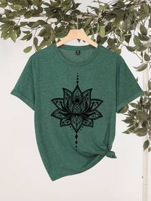 EMERY ROSE Camiseta ajustada de manga corta con cuello redondo y gráfico minimalista de loto, adecuada para el verano, tallas grandes para mujeres - Verde - Ver 2