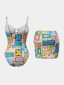 Swim Oasis Nuevo conjunto de 2 piezas de vestido con estampado de graffiti colorido, corte halter, encaje calado y tirantes desmontables para primavera/verano 2026. Elegante, sexy y casual con estilo Y2K para la playa, fiestas, festivales de música, citas y salir de fiesta. - Multicolor - Ver 2