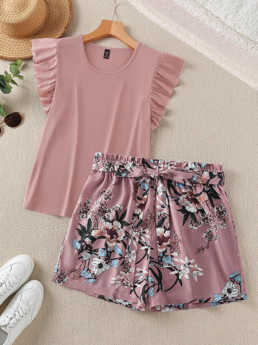 SHEIN LUNE Plus Size Women 2pcs Set: Solid Color Round Neck Puff Sleeve Top And Floral Print Shorts - Pink - View 1