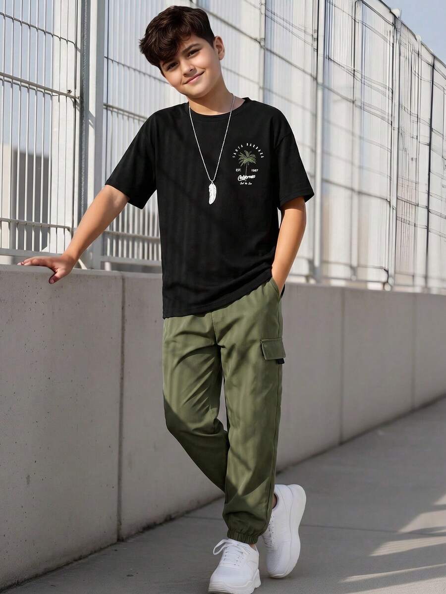 Vacaura 2pcs/Set Teen Boys Black T-Shirt With Khaki Shorts,Fashionable Streetwear Pocket Outfit,Versatile Summer Essentials For Sports,Outings,School - Army Green - View 1