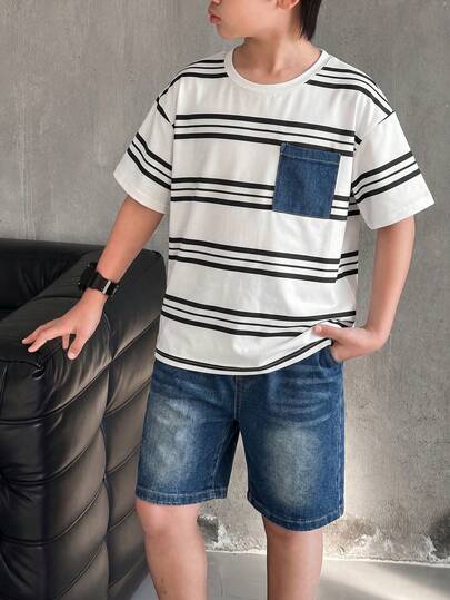 SHEIN Mirajuku Tween BoyFashionable Striped Print T-Shirt And Denim Shorts Set, Summer