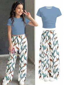Tween Girl Solid Color Round Neck Ruffle Short Sleeve T-Shirt And All-Over Print Long Pants Casual Daily Outfit - White - View 2