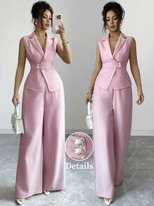 Selianne Women's Light Pink Summer Elegant Office V-Neck Sleeveless Crop Top And Straight Leg Pants Set,Sophisticated Design For Work,Travel,Vacation,Casual - Pink - View 3