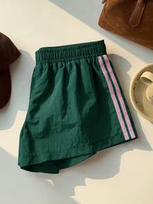 Comfortcana Quần short nữ cạp chun kẻ sọc dáng rộng, thích hợp cho mùa hè, mùa đông, Giáng sinh, Tết Nguyên đán Y2K, đi chơi và chơi thể thao, quần short màu xanh ô liu Y2K. - Màu xanh lá cây đậm - Xem 5