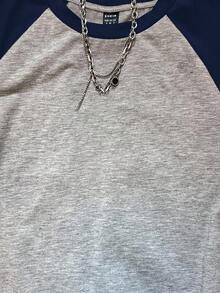 SHEIN Attitoon Áo thun nữ tay ngắn dáng ôm, cổ tròn, tay raglan, phối màu tương phản, phong cách retro thường ngày, thích hợp cho mùa hè. - Màu xanh lam - Xem 3