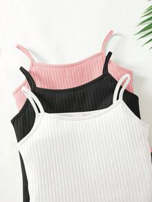 SHEIN 3pcs Tween Girls' Solid Color Knit Camisole Sports Streetwear Set - Multicolor - View 4