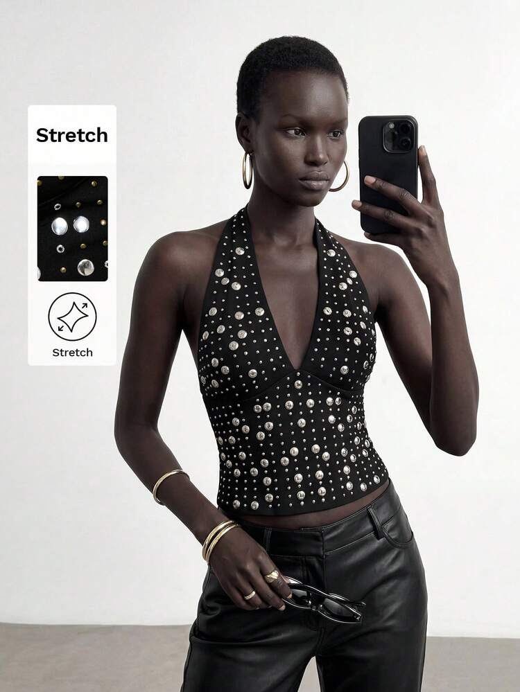 SHEIN Maija Summer Women's Black Polka Dot Studded Top,70's Party Disco Backless Halter V-Neck Cami,Modern Metal Disc Decor Sleeveless Fitted Party Night Wear