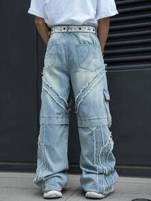 Manfinity EMRG Quần jeans denim nam phong cách thường ngày, kiểu dáng đường phố, gấu quần rách, túi nắp gập, không kèm thắt lưng. - Màu xanh lam - Xem 2